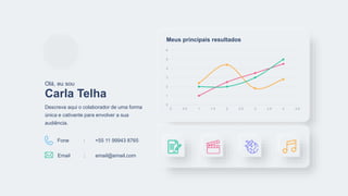 Carla Telha
Olá, eu sou
Descreva aqui o colaborador de uma forma
única e cativante para envolver a sua
audiência.
0
1
2
3
4
5
6
0 0.5 1 1.5 2 2.5 3 3.5 4 4.5
Meus principais resultados
Fone : +55 11 99943 8765
Email : email@email.com
 