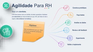 Agilidade Para RH
O RH deve pensar como um cientista, de testar suposições e hipóteses
para demonstrar por meio de dados por que o RH, sem falar em todo o
negócio, deve embarcar na mudança.
Seja um cientista.
Construa protótipos
Faça testes
Analise os dados
Revise e dê feedback
Experimente
Valide e implemente
 