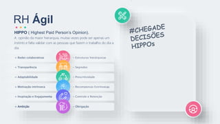 RH Ágil
A opinião da maior hierarquia, muitas vezes pode ser apenas um
instinto e falta validar com as pessoas que fazem o trabalho do dia a
dia.
HIPPO ( Highest Paid Person’s Opinion).
+ Redes colaborativas - Estruturas hierárquicas
+ Transparência - Segredos
+ Adaptabilidade - Prescritividade
+ Motivação intrínseca - Recompensas Extrínsecas
+ Inspiração e Engajamento - Controle e Retenção
+ Ambição - Obrigação
 