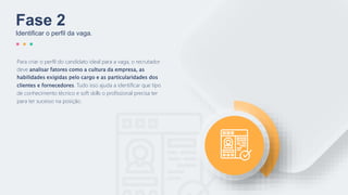 Para criar o perfil do candidato ideal para a vaga, o recrutador
deve analisar fatores como a cultura da empresa, as
habilidades exigidas pelo cargo e as particularidades dos
clientes e fornecedores. Tudo isso ajuda a identificar que tipo
de conhecimento técnico e soft skills o profissional precisa ter
para ter sucesso na posição.
Fase 2
Identificar o perfil da vaga.
 