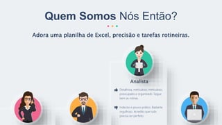 Adora uma planilha de Excel, precisão e tarefas rotineiras.
Quem Somos Nós Então?
Analista
Detalhista, meticuloso, meticuloso,
preocupado e organizado. Segue
bem as rotinas.
Indeciso e pouco prático. Bastante
orgulhoso. Acredito que tudo
precisa ser perfeito.
 