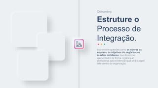 Estruture o
Processo de
Integração.
Onboarding
Isso envolve questões como os valores da
empresa, os objetivos do negócio e os
desafios cotidianos, que devem ser
apresentados de forma orgânica ao
profissional, para evidenciar qual será o papel
dele dentro da organização.
 