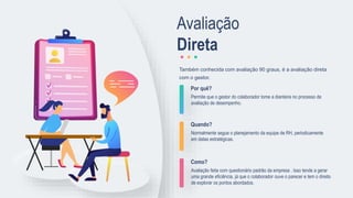 Por quê?
Permite que o gestor do colaborador tome a dianteira no processo de
avaliação de desempenho.
Quando?
Normalmente segue o planejamento da equipe de RH, periodicamente
em datas estratégicas.
Como?
Avaliação feita com questionário padrão da empresa . Isso tende a gerar
uma grande eficiência, já que o colaborador ouve o parecer e tem o direito
de explorar os pontos abordados.
Também conhecida com avaliação 90 graus, é a avaliação direta
com o gestor.
Avaliação
Direta
 