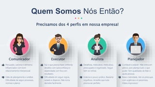 Precisamos dos 4 perfis em nossa empresa!
Quem Somos Nós Então?
Comunicador
Persuasão, carisma e otimismo.
Influenciador com bom
relacionamento interpessoal.
Falta de planejamento e análise.
Dificuldade de seguir processos,
normas e planos
Executor
Faz o que precisa fazer, enfrenta
desafios com autoconfiança e
objetividade com foco em
resultados.
Dificuldade em seguir regras,
isolado e disperso. Não toma
decisões facilmente.
Analista
Detalhista, meticuloso, meticuloso,
preocupado e organizado. Segue
bem as rotinas.
Indeciso e pouco prático. Bastante
orgulhoso. Acredito que tudo
precisa ser perfeito.
Planejador
Confiável e estável. Não entra em
pânico, pois planeja tudo o que
puder. Tem qualidades de líder e
ajuda pessoas.
Baixa criatividade, não se preocupa
com urgências e é pessimista.
Odeia improvisos!
 