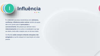 CSI Influência
É o colaborador que possui características como otimismo,
confiança, influência sobre outros membros da equipe,
além de ter grande poder de persuasão e
convencimento. São pessoas que valorizam muito o
relacionamento com os outros e a socialização é que rege
seu destino, tendo então a rejeição como um dos seus medos.
Os influentes estão sempre evitando situações não
amigáveis ou que lhe coloquem em maus lençóis com outras
pessoas.
 