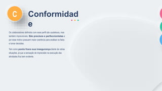 Conformidad
e
Os colaboradores definidos com esse perfil são cautelosos, mas
também imprevisíveis. São precisos e perfeccionistas e
por esse motivo possuem maior coerência para analisar os fatos
e tomar decisões.
Tem como ponto fraco sua insegurança diante de várias
situações, já que a sensação de imprecisão na execução das
atividades fica bem evidente.
C
 