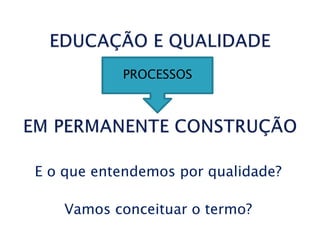 E o que entendemos por qualidade?
Vamos conceituar o termo?
PROCESSOS
 