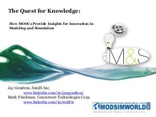 The Quest for Knowledge:
How MOOCs Provide Insights for Innovation in
Modeling and Simulation
Jay Gendron, SimIS Inc.
www.linkedin.com/in/jaygendron/
Mark Friedman, Concurrent Technologies Corp.
www.linkedin.com/in/mkfrie
Hampton Roads, Virginia  April 15-17, 2014
 