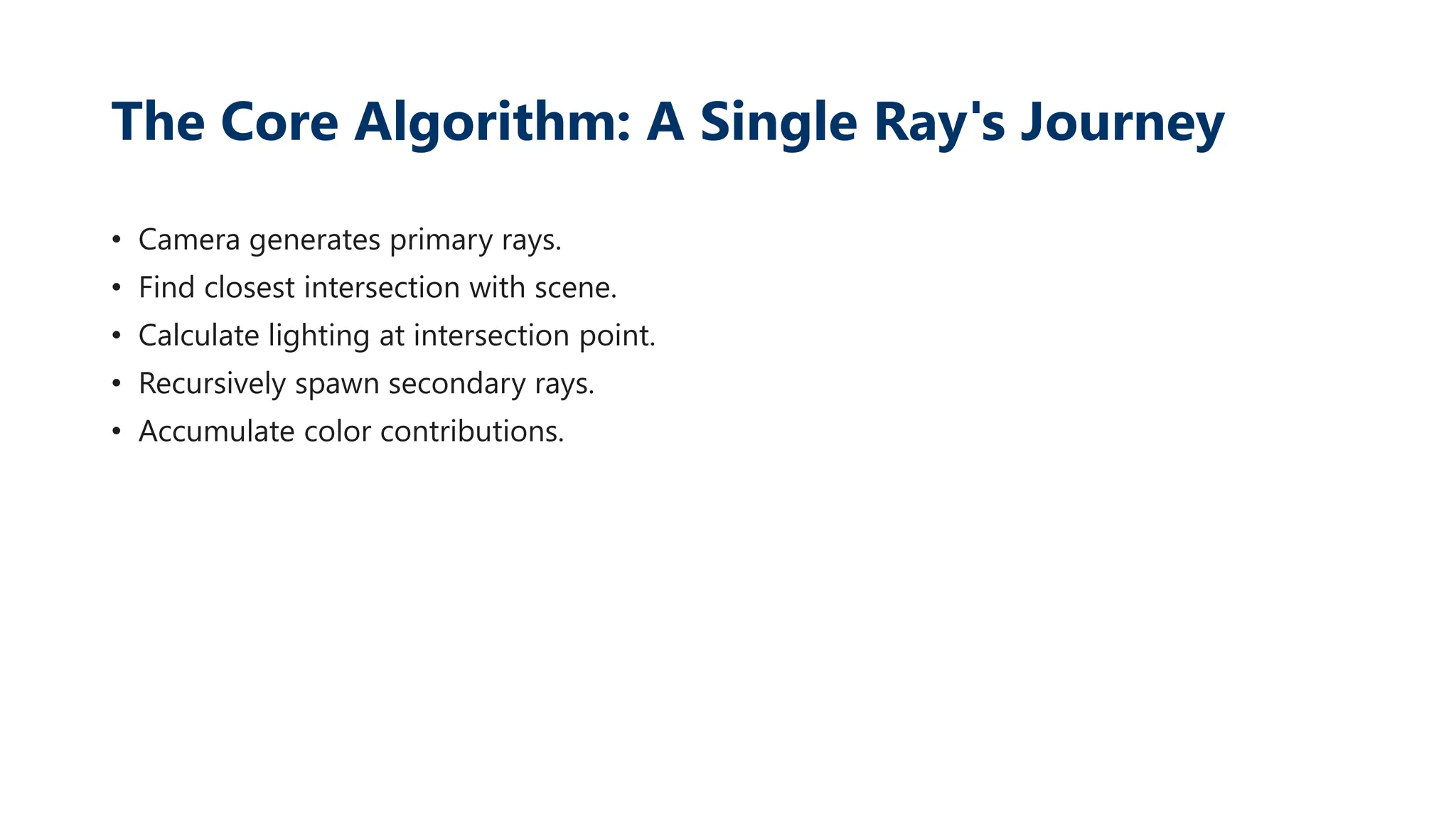 The Core Algorithm: A Single Ray's Journey
• Camera generates primary rays.
• Find closest intersection with scene.
• Calculate lighting at intersection point.
• Recursively spawn secondary rays.
• Accumulate color contributions.
 