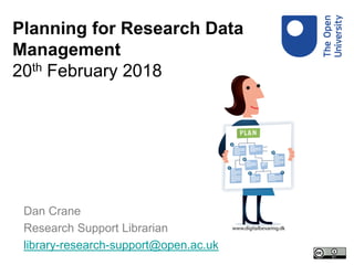 Dan Crane
Research Support Librarian
library-research-support@open.ac.uk
Planning for Research Data
Management
20th February 2018
 
