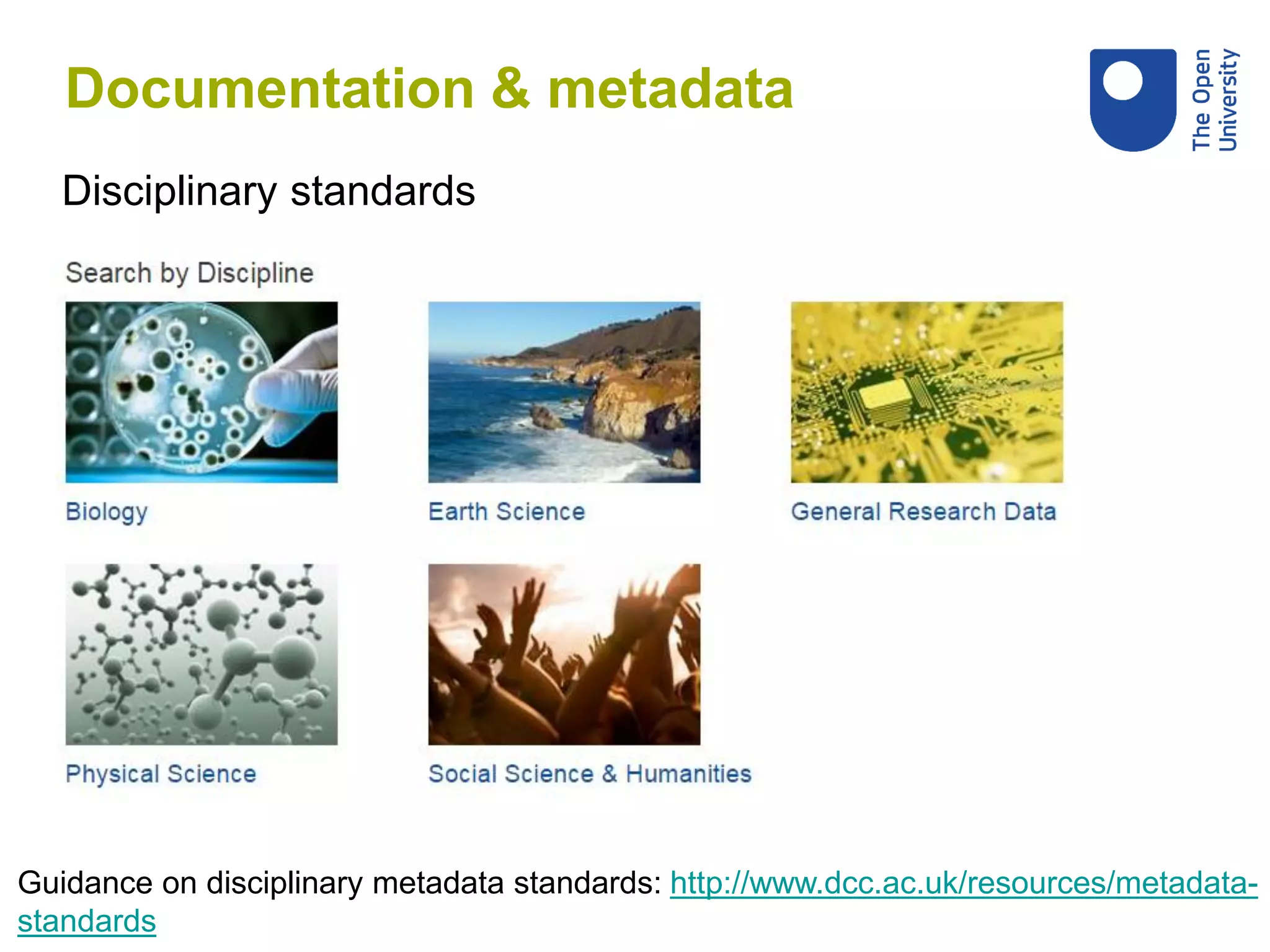 Guidance on disciplinary metadata standards: http://www.dcc.ac.uk/resources/metadata-
standards
Documentation & metadata
Disciplinary standards
 