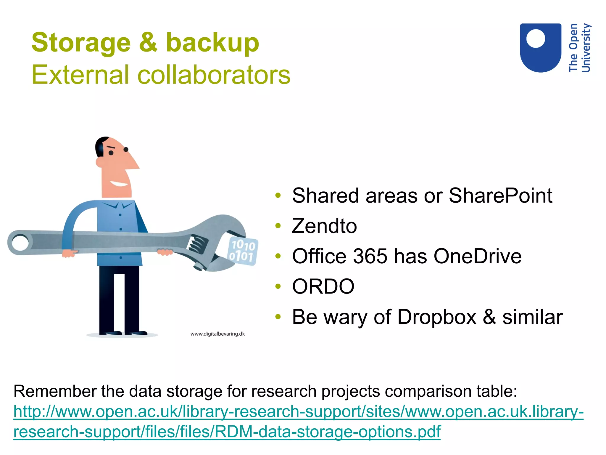 • Shared areas or SharePoint
• Zendto
• Office 365 has OneDrive
• ORDO
• Be wary of Dropbox & similar
Remember the data storage for research projects comparison table:
http://www.open.ac.uk/library-research-support/sites/www.open.ac.uk.library-
research-support/files/files/RDM-data-storage-options.pdf
Storage & backup
External collaborators
 