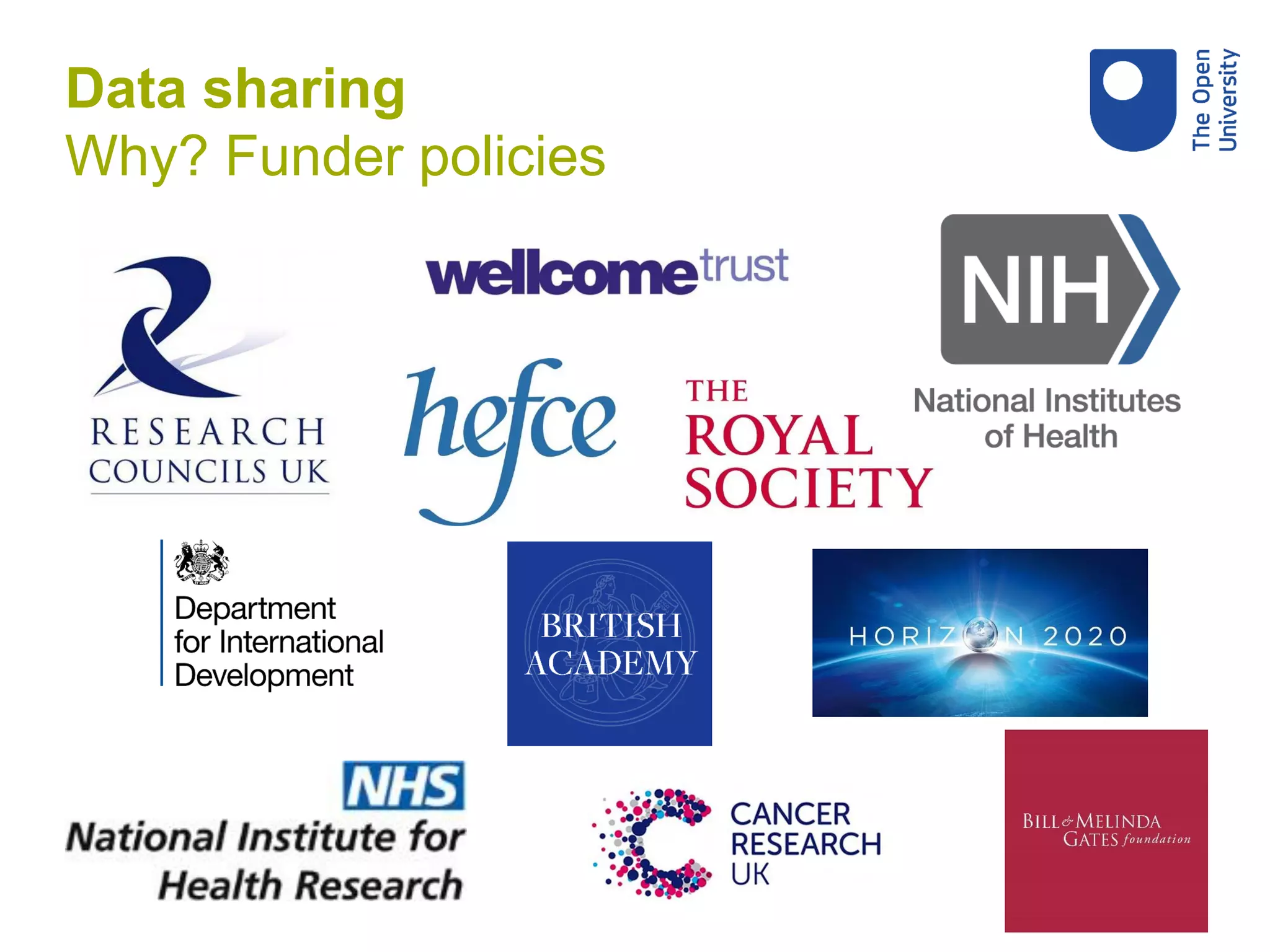 Data sharing
Why? Funder policies
 