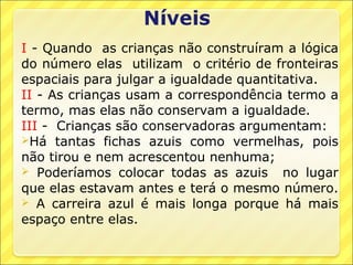 I - Quando as crianças não construíram a lógica
do número elas utilizam o critério de fronteiras
espaciais para julgar a igualdade quantitativa.
II - As crianças usam a correspondência termo a
termo, mas elas não conservam a igualdade.
III - Crianças são conservadoras argumentam:
Há tantas fichas azuis como vermelhas, pois
não tirou e nem acrescentou nenhuma;
 Poderíamos colocar todas as azuis no lugar
que elas estavam antes e terá o mesmo número.
 A carreira azul é mais longa porque há mais
espaço entre elas.
 