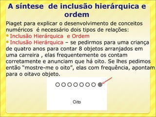 Piaget para explicar o desenvolvimento de conceitos
numéricos é necessário dois tipos de relações:
Inclusão Hierárquica e Ordem
Inclusão Hierárquica – se pedirmos para uma criança
de quatro anos para contar 8 objetos arranjados em
uma carreira , elas frequentemente os contam
corretamente e anunciam que há oito. Se lhes pedimos
então “mostre-me o oito”, elas com frequência, apontam
para o oitavo objeto.
 