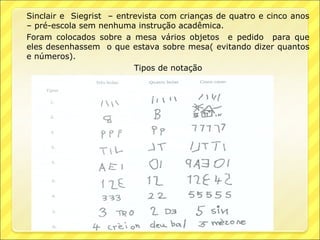 Sinclair e Siegrist – entrevista com crianças de quatro e cinco anos
– pré-escola sem nenhuma instrução acadêmica.
Foram colocados sobre a mesa vários objetos e pedido para que
eles desenhassem o que estava sobre mesa( evitando dizer quantos
e números).
                          Tipos de notação
 