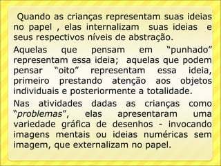 Quando as crianças representam suas ideias
no papel , elas internalizam suas ideias e
seus respectivos níveis de abstração.
Aquelas     que    pensam    em     “punhado”
representam essa ideia; aquelas que podem
pensar “oito” representam essa ideia,
primeiro prestando atenção aos objetos
individuais e posteriormente a totalidade.
Nas atividades dadas as crianças como
“problemas”,     elas   apresentaram       uma
variedade gráfica de desenhos - invocando
imagens mentais ou ideias numéricas sem
imagem, que externalizam no papel.
 