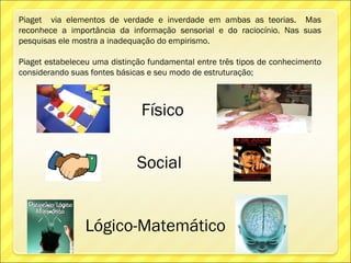 Piaget via elementos de verdade e inverdade em ambas as teorias. Mas
reconhece a importância da informação sensorial e do raciocínio. Nas suas
pesquisas ele mostra a inadequação do empirismo.

Piaget estabeleceu uma distinção fundamental entre três tipos de conhecimento
considerando suas fontes básicas e seu modo de estruturação;



                               Físico


                              Social


                Lógico-Matemático
 