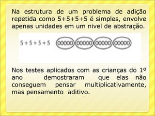 Na estrutura de um problema de adição
repetida como 5+5+5+5 é simples, envolve
apenas unidades em um nivel de abstração.




Nos testes aplicados com as crianças do 1º
ano       demostraram      que elas não
conseguem     pensar   multiplicativamente,
mas pensamento aditivo.
 