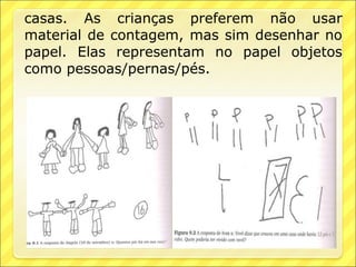 casas. As crianças preferem não usar
material de contagem, mas sim desenhar no
papel. Elas representam no papel objetos
como pessoas/pernas/pés.
 