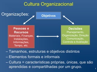 Cultura Organizacional
– Tamanhos, estruturas e objetivos distintos
– Elementos formais e informais
– Cultura = características próprias, únicas, que são
aprendidas e compartilhadas por um grupo.
Organizações:
1
 
