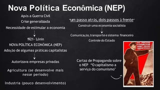 Após a Guerra Civil
Crise generalizada
Necessidade de estimular a economia
1921- Lênin
NOVA POLÍTICA ECONÔMICA (NEP)
Adoção de algumas práticas capitalistas
Autorizava empresas privadas
Agricultura (se desenvolve mais
nesse período)
Industria (pouco desenvolvimento)
“um passo atrás, dois passos à frente”
Construir uma economia socialista
Comunicação,transporte e sistema financeiro
Controle do Estado
Nova Política Econômica (NEP)
Cartaz de Propaganda sobre
o NEP “O capitalismo a
serviço do comunismo"
 
