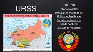 URSS
1922- 1991
Estado soviético
Passa a ser chamado de
União das Repúblicas
Socialistas Soviéticas
Criada por Lenin
União de 15repúblicas
 