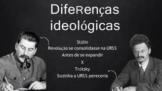 DifeRenças
ideológicas
Stálin
Revolução se consolidasse na URSS
Antes de se expandir
X
Trótsky
Sozinha a URSS pereceria
 