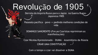 Revolução de 1905
Derrota do Império Russo para o Japão na Guerra Russo-
Japonesa 1905
Passeata pacífica – povo -> pedindo melhores condições de
vida
DOMINGO SANGRENTO (Forças Czaristas reprimiram as
manifestações)
Czar Nicolau II pressionado – DUMA – Assembleia da Rússia
CRIAR UMA CONSTITUIÇÃO
Com o tempo o czar vai dissolver a DUMA
 