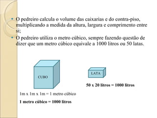 O pedreiro calcula o volume das caixarias e do contra-piso, multiplicando a medida da altura, largura e comprimento entre si; O pedreiro utiliza o metro cúbico, sempre fazendo questão de dizer que um metro cúbico equivale a 1000 litros ou 50 latas. LATA CUBO 1m x 1m x 1m = 1 metro cúbico 1 metro cúbico = 1000 litros 50 x 20 litros = 1000 litros 