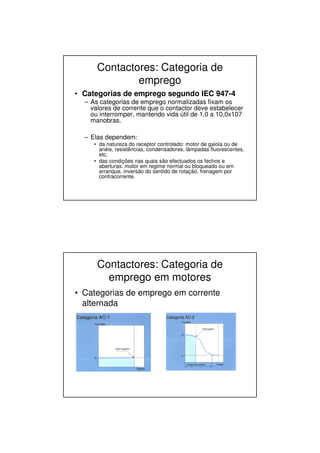 Contactores: Categoria de
emprego
• Categorias de emprego segundo IEC 947-4
– As categorias de emprego normalizadas fixam os
valores de corrente que o contactor deve estabelecer
ou interromper, mantendo vida útil de 1,0 a 10,0x107
manobras.
– Elas dependem:
• da natureza do receptor controlado: motor de gaiola ou de
anéis, resistências, condensadores, lâmpadas fluorescentes,
etc.
• das condições nas quais são efectuados os fechos e
aberturas: motor em regime normal ou bloqueado ou em
arranque, inversão do sentido de rotação, frenagem por
contracorrente.
Contactores: Categoria de
emprego em motores
• Categorias de emprego em corrente
alternada
 