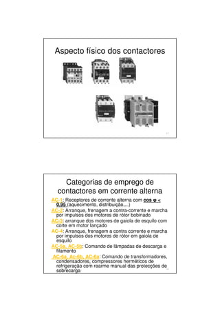 Aspecto físico dos contactores
17
Categorias de emprego de
contactores em corrente alterna
AC-1: Receptores de corrente alterna com cos <
0,95 (aquecimento, distribuição,...)
AC-2: Arranque, frenagem a contra-corrente e marcha
por impulsos dos motores de rótor bobinado
AC-3: arranque dos motores de gaiola de esquilo com
corte em motor lançado
AC-4: Arranque, frenagem a contra corrente e marcha
por impulsos dos motores de rótor em gaiola de
esquilo
AC-5a, AC-5b: Comando de lâmpadas de descarga e
filamento
AC-6a, Ac-6b, AC-8a: Comando de transformadores,
condensadores, compressores herméticos de
refrigeração com rearme manual das protecções de
sobrecarga 18
 
