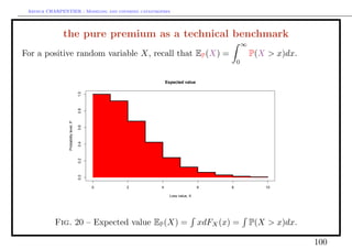 Arthur CHARPENTIER - Modeling and covering catastrophes




              the pure premium as a technical benchmark
                                                                                                    ∞
For a positive random variable X, recall that EP (X) =                                                  P(X > x)dx.
                                                                                                0


                                                                  Expected value
                                        1.0


                                                                                                            q


                                                                                                        q
                                        0.8




                                                                                            q


                                                                                        q
                 Probability level, P

                                        0.6




                                                                                    q


                                                                         q
                                        0.4




                                                              q


                                                          q
                                        0.2




                                                      q


                                                  q
                                        0.0




                                              q



                                              0       2       4                     6       8               10

                                                                    Loss value, X




           Fig. 20 – Expected value EP (X) =                                        xdFX (x) =          P(X > x)dx.

                                                                                                                      100
 