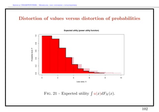 Arthur CHARPENTIER - Modeling and covering catastrophes




     Distortion of values versus distortion of probabilities

                                                            Expected utility (power utility function)

                                       1.0                                                                      q


                                                                                                            q
                                       0.8



                                                                                                        q


                                                                                                  q
                Probability level, P

                                       0.6




                                                                                          q


                                                                                q
                                       0.4




                                                                      q


                                                             q
                                       0.2




                                                        q


                                                    q
                                       0.0




                                             q



                                             0          2             4                   6             8       10

                                                                          Loss value, X




                                                 Fig. 21 – Expected utility                   u(x)dFX (x).


                                                                                                                     102
 
