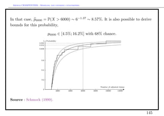 Arthur CHARPENTIER - Modeling and covering catastrophes




In that case, p6000 = P(X > 6000) ∼ 6−1.37 ∼ 8.57%. It is also possible to derive
bounds for this probability,

                             p6000 ∈ [4.5%; 16.2%] with 68% chance.




Source : Schmock (1999).


                                                                              145
 