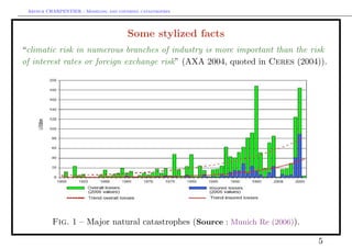 Arthur CHARPENTIER - Modeling and covering catastrophes




                                       Some stylized facts
“climatic risk in numerous branches of industry is more important than the risk
of interest rates or foreign exchange risk” (AXA 2004, quoted in Ceres (2004)).




          Fig. 1 – Major natural catastrophes (Source : Munich Re (2006)).

                                                                             5
 
