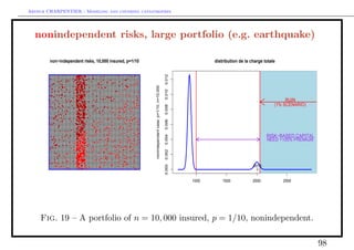 Arthur CHARPENTIER - Modeling and covering catastrophes




  nonindependent risks, large portfolio (e.g. earthquake)

           non−independent risks, 10,000 insured, p=1/10                                                              distribution de la charge totale

                                                           q




                                                                                                       0.012
                                                               nonindependant case, p=1/10, n=10,000

                                                                                                       0.010
                                                                                                                                                          RUIN
                                                                                                                                                     (1% SCENARIO)




                                                                                                       0.008
                                                                                                       0.006
                                                                                                                                                 RISK−BASED CAPITAL




                                                                                                       0.004
                                                                                                                                                 NEED +105% PREMIUM




                                                                                                       0.002
                                                                                                       0.000                              2013
       q



                                                                                                               1000       1500            2000           2500




    Fig. 19 – A portfolio of n = 10, 000 insured, p = 1/10, nonindependent.

                                                                                                                                                                      98
 