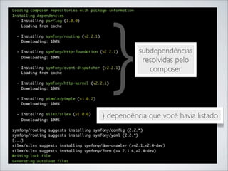 COMPOSER: COMO?
• Criando seu projeto subdependências
resolvidas pelo
composer
} dependência que você havia listado
}
 