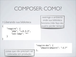 COMPOSER: COMO?
• Liberando sua biblioteca
restringe o ambiente
onde sua biblioteca
funciona (não faça seu
usuário perder tempo)
coisas que não precisam ser
colocadas em produção
 