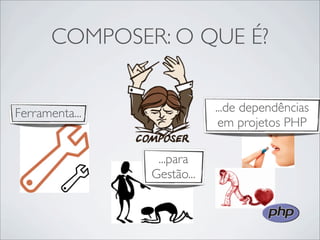 COMPOSER: O QUE É?
Ferramenta...
...para
Gestão...
...de dependências
em projetos PHP
 