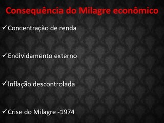 Consequência do Milagre econômico
Concentração de renda
Endividamento externo
Inflação descontrolada
Crise do Milagre -1974
 