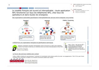 11




     Le modèle français est ouvert et interopérable : toute application
     NFC fonctionne sur tous les téléphones NFC, chez tous les
     opérateurs et dans toutes les enseignes.
     Des organisations sectorielles garantissent l’interopérabilité des services entre enseignes concurrentes




     L’AFSCM est une organisation française de spécifications techniques
                                                                                                                         Label « Cityzi » des services NFC :
                Définition d’interfaces logicielles interopérables (entre le terminal et la SIM, entre opérateur         -conformité aux spécifications
                mobile et fournisseur de service), en cohérence avec les normes internationales du forum NFC.            d’interopérabilité de l’AFSCM
                                                                                                                         -hébergement dans la carte SIM
                                                                                                                         -gestion assurée par les opérateurs
                                                                                                                         mobiles.


     Le Forum des services mobiles sans contact
     Créé en 2008 à l’initiative du gouvernement, il participe à la coordination entre acteurs publics et privés. Les engagements n° 66 à 70 du plan France
     numérique 2012 prévoient la création d’un bouquet de services mobiles sans contact.




                                                                                                                                                         11
 