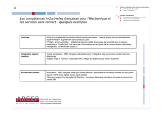 12




     Les compétences industrielles françaises pour l’électronique et
     les services sans contact - quelques exemples




     Services               •Pôle de compétitivité transactions électroniques sécurisées : chèque emploi service dématérialisé,
                            expérimentation du paiement sans contact à Caen.
                            •Portail « proxima mobile » : plateforme internet mobile de services de proximité pour le citoyen,
                            plateforme « ProxiProduit » de services d’informations sur les produits de consommation (étiquettes
                            intelligentes, « internet des objets »).


     Intégration logiciel   •Inside contactless : PME française spécialisée dans l’intégration des puces sans contact dans les
     matériel               téléphones.
                            •Sagem Orga et Twinlinx : autocollant NFC intégré au téléphone par liaison bluetooth.




     Puces sans contact     •Innovatron : PME française créée par Roland Moreno, dépositaire de nombreux brevets sur les cartes
                            à puce (1974) et les cartes à puce sans contact.
                            •Gemplus (aujourd’hui Gemalto) et Oberthur : principaux fabricants mondiaux de cartes à puces et de
                            cartes SIM.




                                                                                                                                  12
 