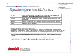 15




     Déploiement des services sans contact (2/4) : Attrait du
     téléphone comme support des services mobiles sans contact


      Service                Attrait pour l’utilisateur du téléphone par rapport aux autres supports
                             (cartes sans contact, autocollants non communicants)

      Transport              gain de temps : pas de queue pour acheter un ticket (dématérialisation du ticket
                             de transport)
      Paiement               paiement plus sécurisé : pas d’empreinte possible du numéro de carte bancaire

      Fidélité               plus d’oubli de carte de fidélité.




     Par rapport aux autres supports, le téléphone est :
     -plus pratique : toutes les cartes sont rassemblées dans le téléphone. Le portefeuille est moins encombré.
     -plus intégré : l’utilisateur peut accéder à des informations interactives (consultation du compte bancaire par ex.)
     -plus évolutif : la carte SIM est un support multiservices. De nouvelles applications peuvent être téléchargées.


      Il n’y a pas d’incompatibilité entre développements des cartes sans contact et téléphones sans
      contact.

      Le développement des cartes prépare le développement des téléphones NFC. La disponibilité
      des téléphones NFC n’est pas un point bloquant pour le décollage du sans contact.




                                                                                                                            15
 