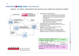 20




     Annexe - Au Japon, l’écosystème des services sans contact est vertical et intégré

                                          •   Spécificités du modèle japonais :
                                                –    le succès est principalement dû à trois acteurs
                                                     puissants, Sony et NTT DoCoMo et JR East (qui
                                                     subventionnent les bornes de paiements dans
                                                     les magasins)
                                                –    les réseaux de paiement sont multiples au
                                                     Japon (plusieurs terminaux de paiement
                                                     distincts dans les magasins)
                                          •   Technologie sans contact FeliCa (Felicity Card -
                                              similaire au NFC mais propriété de Sony) qui couvre
                                              de multiples services.
                                          •   Intégrée à des cartes sans contact puis à des
                                              téléphones (depuis juillet 2004).
                                          •   Environ 1/3 des détenteurs d’un terminal mobile
                                              FeliCa en font un usage régulier (presque tous les
                                              téléphones vendus au Japon sont compatibles FeliCa).




                                                                                                       20
 