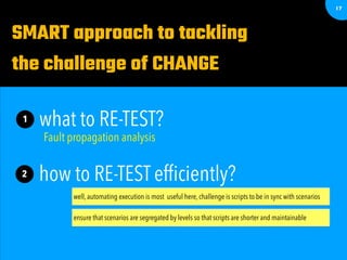 17
SMART approach to tackling
the challenge of CHANGE
what to RE-TEST?1
how to RE-TEST efﬁciently?2
well, automating execution is most useful here, challenge is scripts to be in sync with scenarios
ensure that scenarios are segregated by levels so that scripts are shorter and maintainable
Fault propagation analysis
 