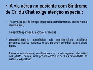 • A via aérea no paciente com Síndrome de Cri du Chat exige atenção especial: 
• Anormalidades de laringe (hipoplasia, estreitamentos, cordas vocais assimétricas) 
•da epiglote (pequena, hipotônica, flácida), 
•comprometimento neurológico, são características peculiares presentes nesses pacientes e que parecem contribuir para o choro típico. 
•Essas anormalidades, combinadas com a micrognatia, alterações nos palatos duro e mole podem contribuir para as dificuldades no sistema respiratório.  