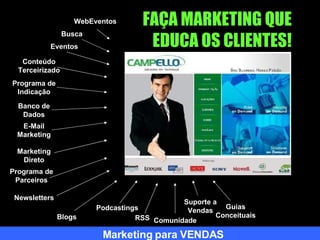 FAÇA MARKETING QUE EDUCA OS CLIENTES! WebEventos Busca Eventos Conteúdo Terceirizado Programa de Indicação Banco de Dados E-Mail Marketing Marketing Direto Programa de Parceiros Newsletters Blogs Podcastings RSS Comunidade Suporte a Vendas Marketing para VENDAS Guias Conceituais 