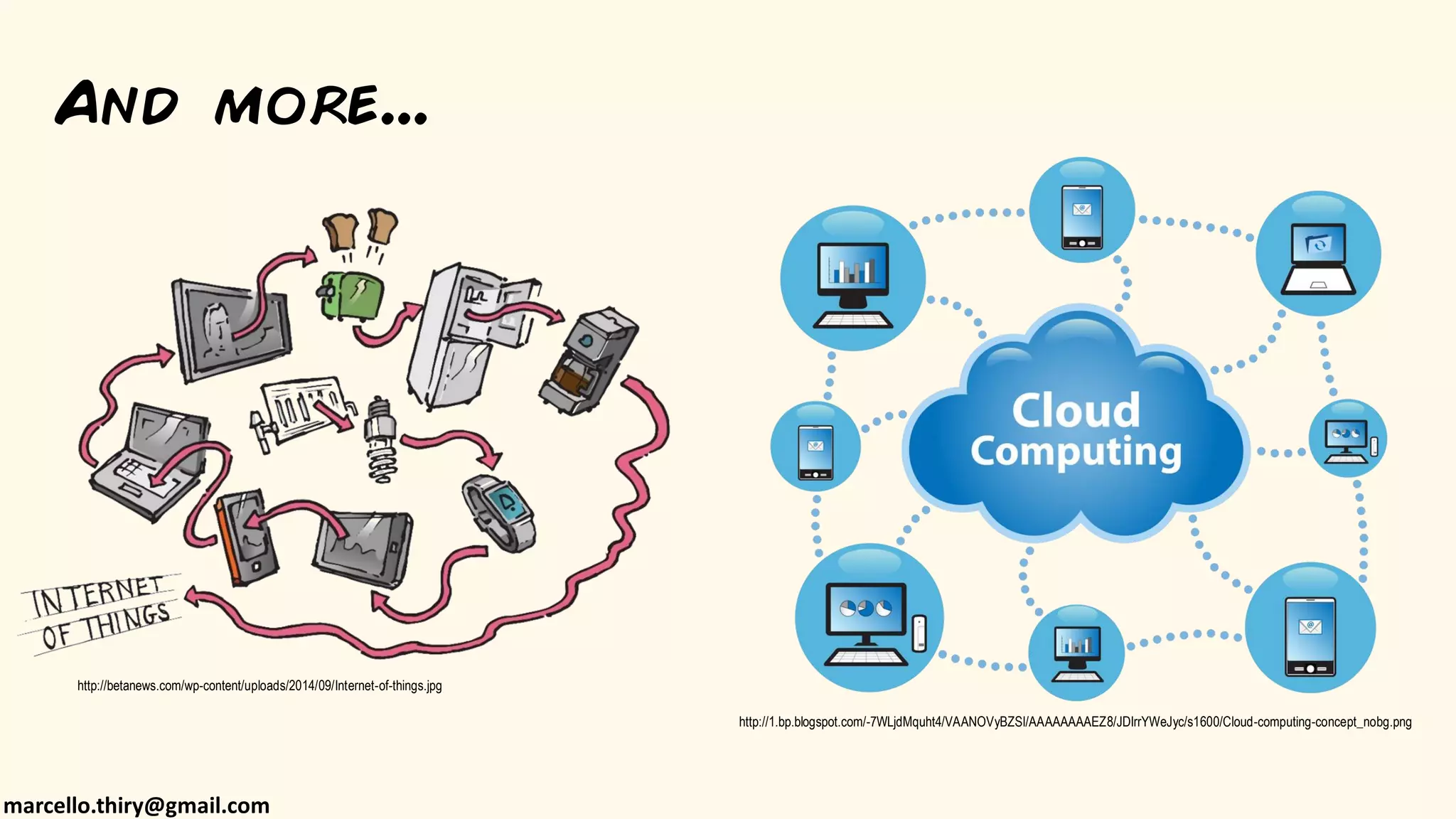 marcello.thiry@gmail.com
And more...
http://betanews.com/wp-content/uploads/2014/09/Internet-of-things.jpg
http://1.bp.blogspot.com/-7WLjdMquht4/VAANOVyBZSI/AAAAAAAAEZ8/JDIrrYWeJyc/s1600/Cloud-computing-concept_nobg.png
 
