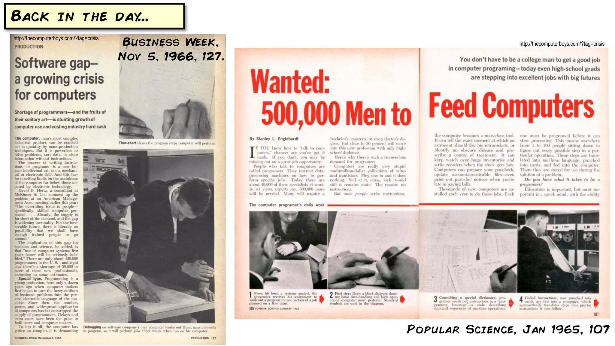 marcello.thiry@gmail.com
Back in the day...
Popular Science, Jan 1965, 107
Business Week,
Nov 5, 1966, 127.
http://thecomputerboys.com/?tag=crisis
http://thecomputerboys.com/?tag=crisis
 